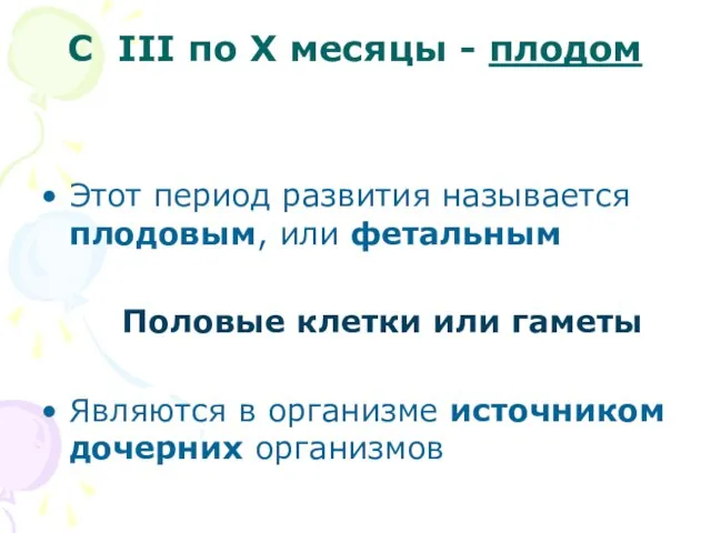 С III по X месяцы - плодом Этот период развития называется плодовым,