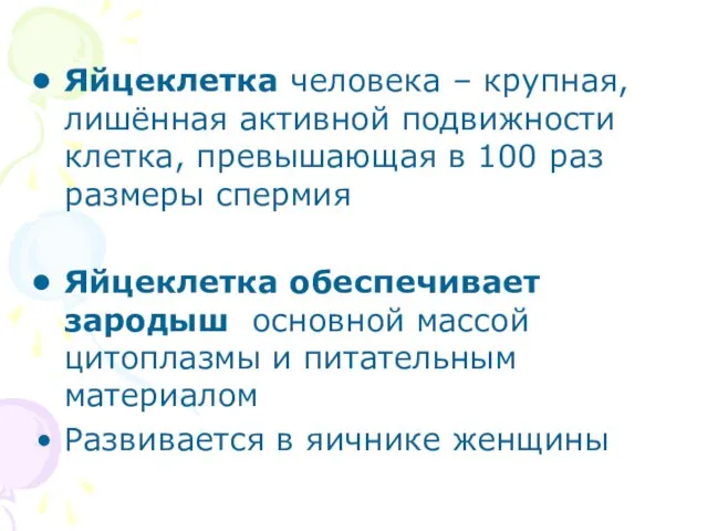 Яйцеклетка человека – крупная, лишённая активной подвижности клетка, превышающая в 100 раз