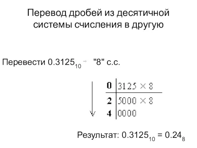Перевести 0.312510 "8" с.с. Результат: 0.312510 = 0.248 Перевод дробей из десятичной системы счисления в другую