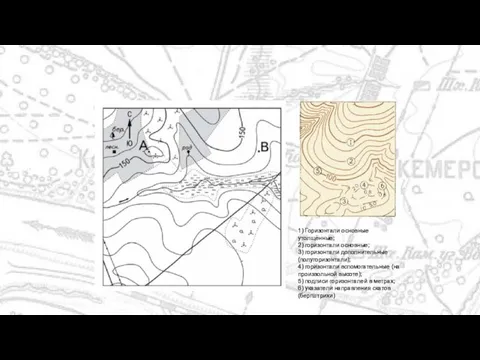 1) Горизонтали основные утолщённые; 2) горизонтали основные; 3) горизонтали дополнительные (полугоризонтали); 4)