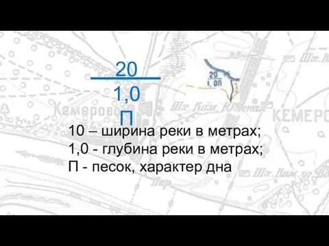 20 1,0П 10 – ширина реки в метрах; 1,0 - глубина реки