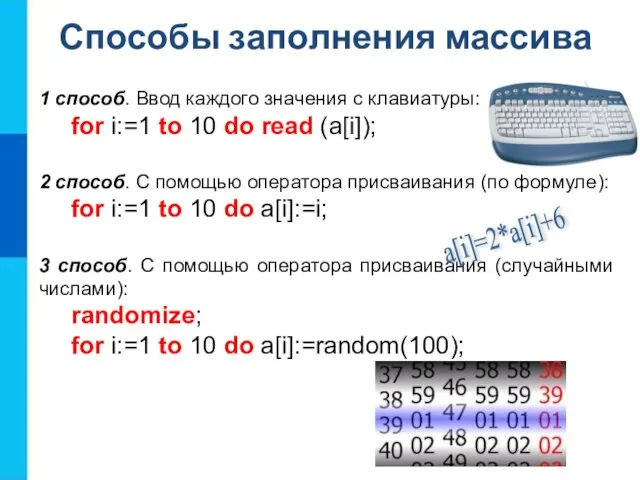 Способы заполнения массива 1 способ. Ввод каждого значения с клавиатуры: for i:=1