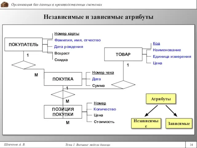 Шевченко А. В. Независимые и зависимые атрибуты Дата ПОКУПАТЕЛЬ Сумма ПОКУПКА 1