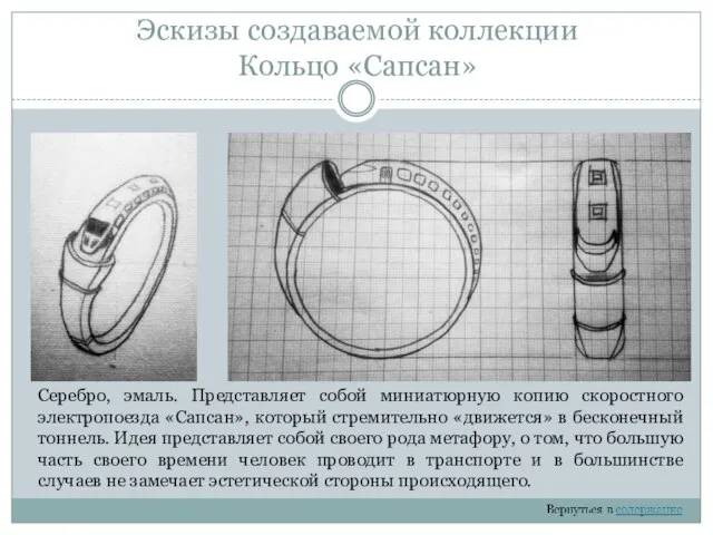 Эскизы создаваемой коллекции Кольцо «Сапсан» Серебро, эмаль. Представляет собой миниатюрную копию скоростного