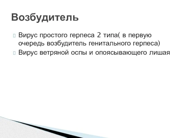 Вирус простого герпеса 2 типа( в первую очередь возбудитель генитального герпеса) Вирус