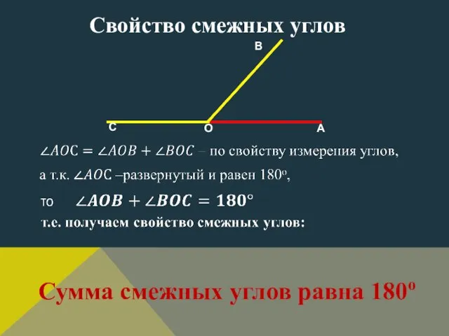 Свойство смежных углов Сумма смежных углов равна 180о