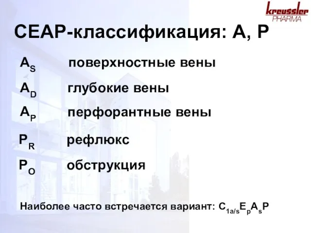 CEAP-классификация: A, P поверхностные вены AS глубокие вены AD перфорантные вены AP