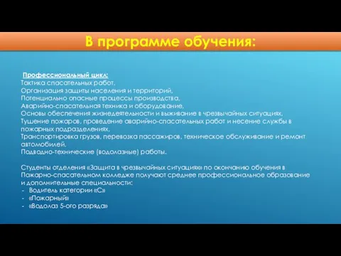 Профессиональный цикл: Тактика спасательных работ, Организация защиты населения и территорий, Потенциально опасные