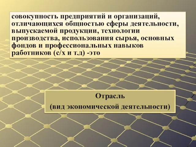 Отрасль (вид экономической деятельности) совокупность предприятий и организаций, отличающихся общностью сферы деятельности,