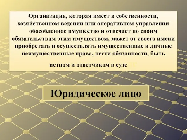 Юридическое лицо Организация, которая имеет в собственности, хозяйственном ведении или оперативном управлении