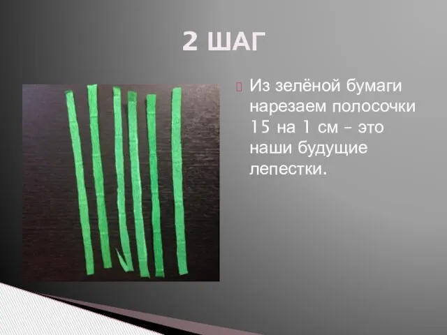 Из зелёной бумаги нарезаем полосочки 15 на 1 см – это наши будущие лепестки. 2 ШАГ