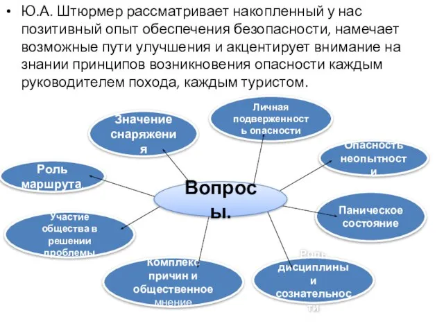 Ю.А. Штюрмер рассматривает накопленный у нас позитивный опыт обеспечения безопасности, намечает возможные