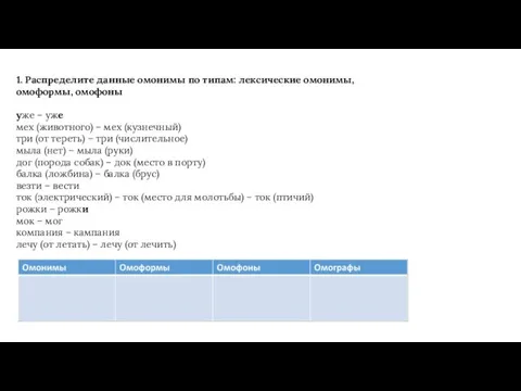 1. Распределите данные омонимы по типам: лексические омонимы, омоформы, омофоны уже –