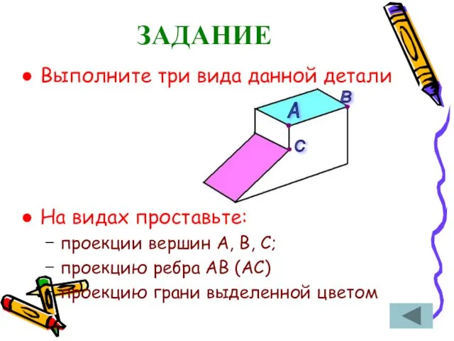 ЗАДАНИЕ Выполните три вида данной детали На видах проставьте: проекции вершин А,