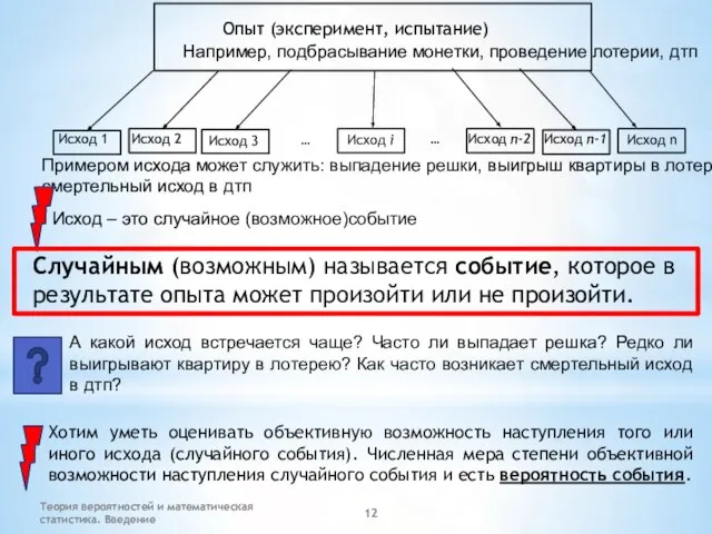 Теория вероятностей и математическая статистика. Введение Опыт (эксперимент, испытание) Например, подбрасывание монетки,