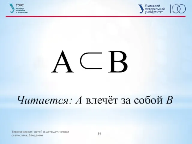 A⊂B Читается: А влечёт за собой В Теория вероятностей и математическая статистика. Введение