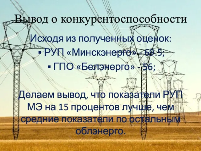 Вывод о конкурентоспособности Исходя из полученных оценок: РУП «Минскэнерго» - 69.5; ГПО