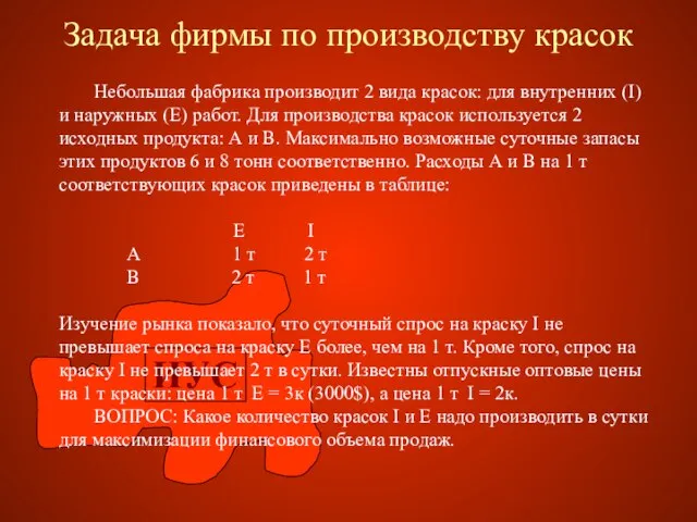 Задача фирмы по производству красок Небольшая фабрика производит 2 вида красок: для