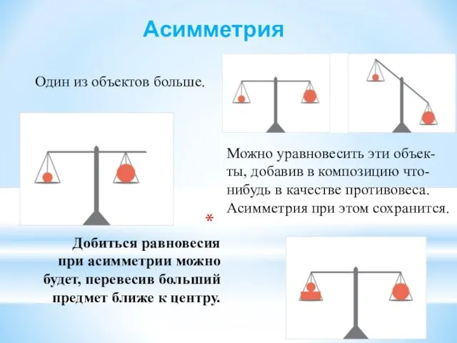 Добиться равновесия при асимметрии можно будет, перевесив больший предмет ближе к центру.