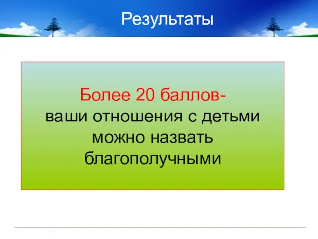 Более 20 баллов- ваши отношения с детьми можно назвать благополучными Результаты