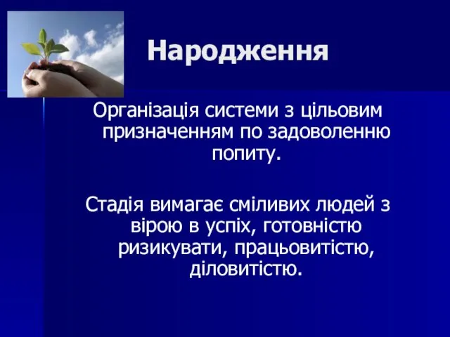 Народження Організація системи з цільовим призначенням по задоволенню попиту. Стадія вимагає сміливих