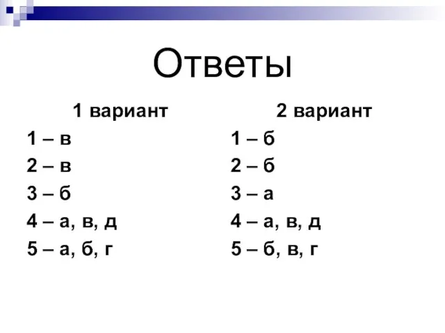 Ответы 1 вариант 1 – в 2 – в 3 – б