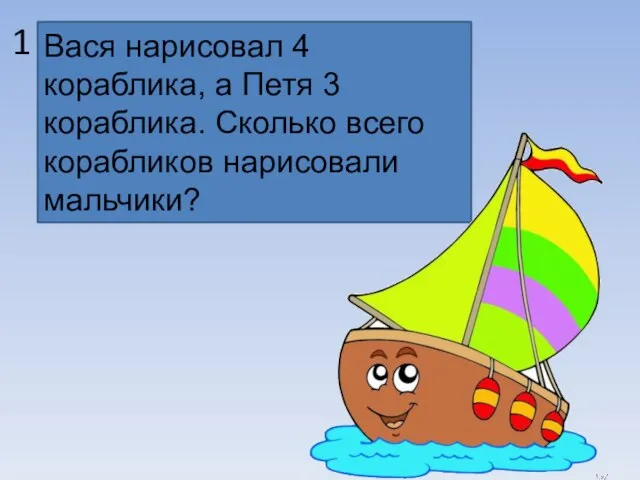 Вася нарисовал 4 кораблика, а Петя 3 кораблика. Сколько всего корабликов нарисовали мальчики? 1