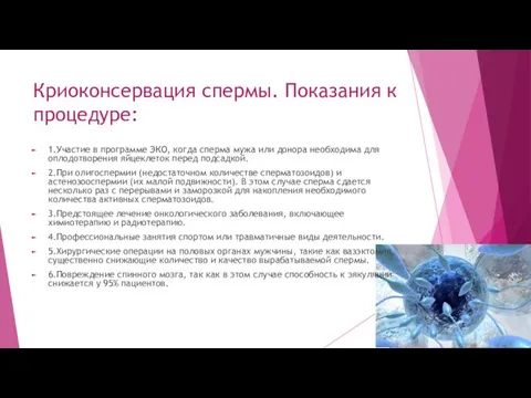 Криоконсервация спермы. Показания к процедуре: 1.Участие в программе ЭКО, когда сперма мужа