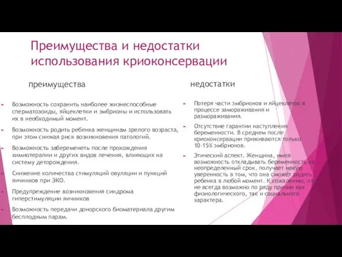 Преимущества и недостатки использования криоконсервации преимущества Возможность сохранить наиболее жизнеспособные сперматозоиды, яйцеклетки