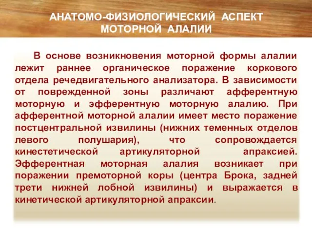 В основе возникновения моторной формы алалии лежит раннее органическое поражение коркового отдела