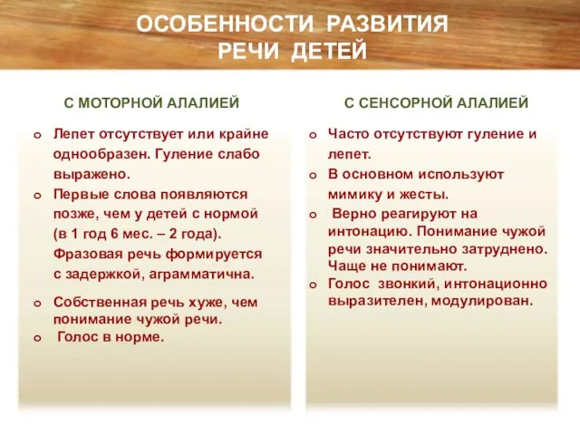 Лепет отсутствует или крайне однообразен. Гуление слабо выражено. Первые слова появляются позже,