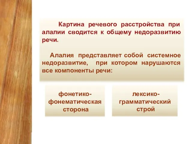 АЛАЛИЯ Картина речевого расстройства при алалии сводится к общему недоразвитию речи. Алалия