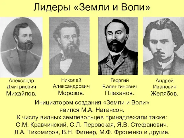 Лидеры «Земли и Воли» Александр Дмитриевич Михайлов. Николай Александрович Морозов. Георгий Валентинович