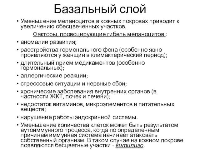 Базальный слой Уменьшение меланоцитов в кожных покровах приводит к увеличению обесцвеченных участков.