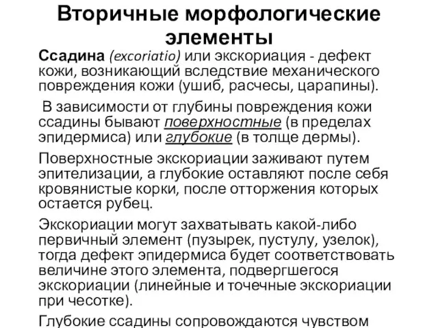 Вторичные морфологические элементы Ссадина (excoriatio) или экскориация - дефект кожи, возникающий вследствие