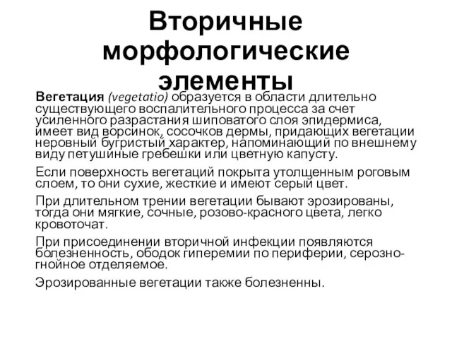 Вторичные морфологические элементы Вегетация (vegetatio) образуется в области длительно существующего воспалительного процесса