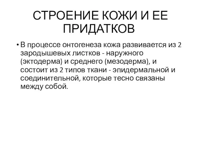 СТРОЕНИЕ КОЖИ И ЕЕ ПРИДАТКОВ В процессе онтогенеза кожа развивается из 2