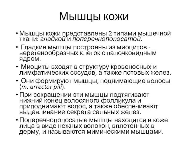 Мышцы кожи Мышцы кожи представлены 2 типами мышечной ткани: гладкой и поперечнополосатой.