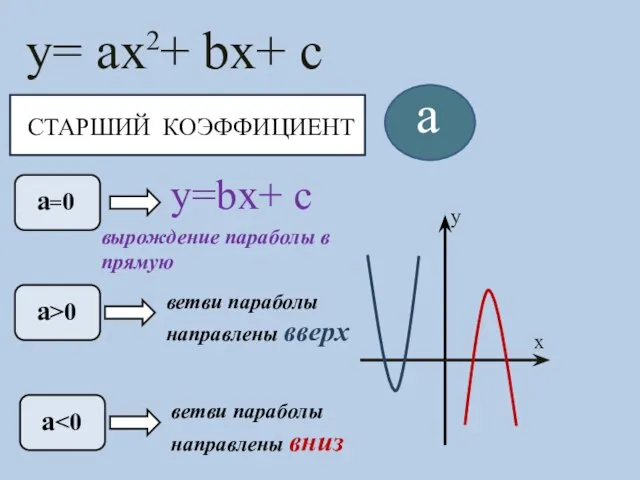 СТАРШИЙ КОЭФФИЦИЕНТ y= ax + bx+ c 2 a a=0 a>0 a