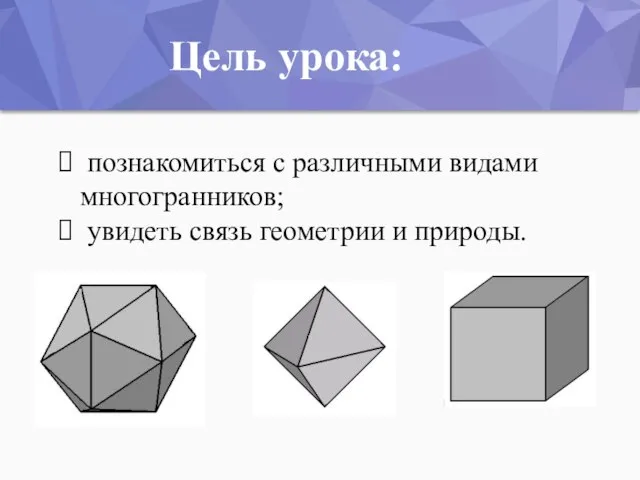 познакомиться с различными видами многогранников; увидеть связь геометрии и природы. Цель урока: