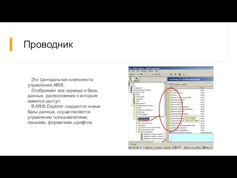 Проводник Это Центральная компонента управления ARIS. Отображает все сервера и базы данных,