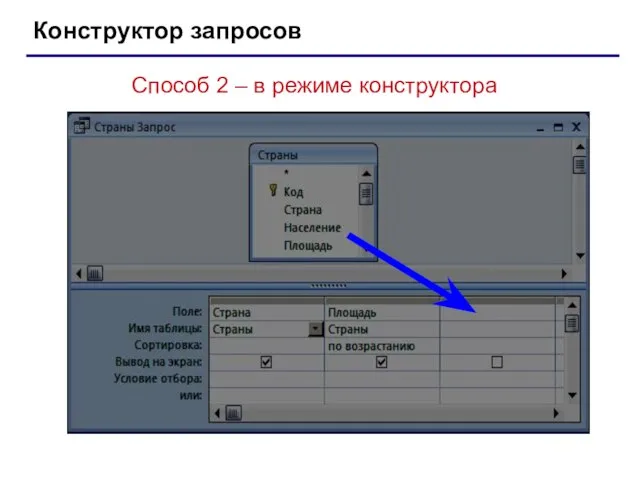 Конструктор запросов Способ 2 – в режиме конструктора