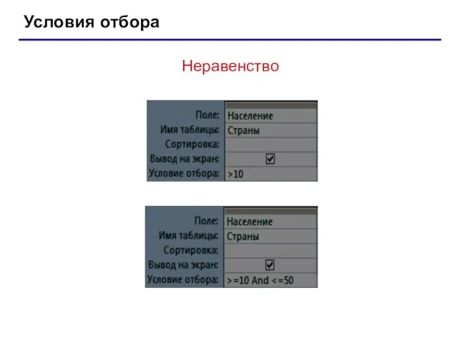 Условия отбора Неравенство