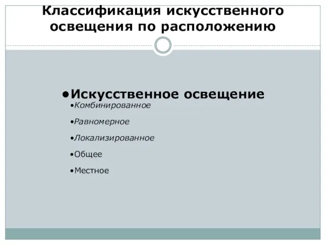 Классификация искусственного освещения по расположению Искусственное освещение Комбинированное Равномерное Локализированное Общее Местное