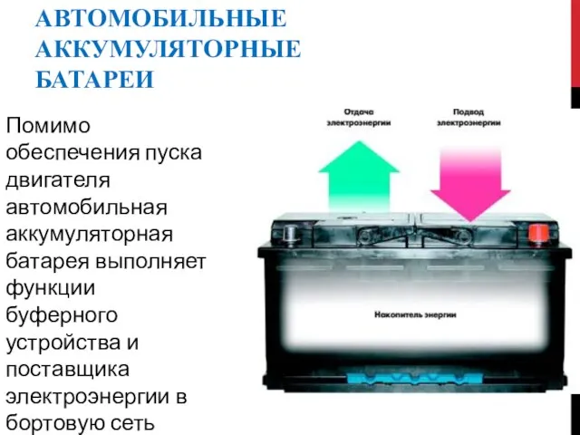 АВТОМОБИЛЬНЫЕ АККУМУЛЯТОРНЫЕ БАТАРЕИ Помимо обеспечения пуска двигателя автомобильная аккумуляторная батарея выполняет функции