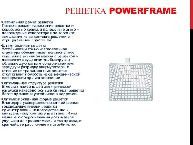 Стабильная рамка решетки Предотвращает нарастание решетки и коррозию по краям, а вследствие