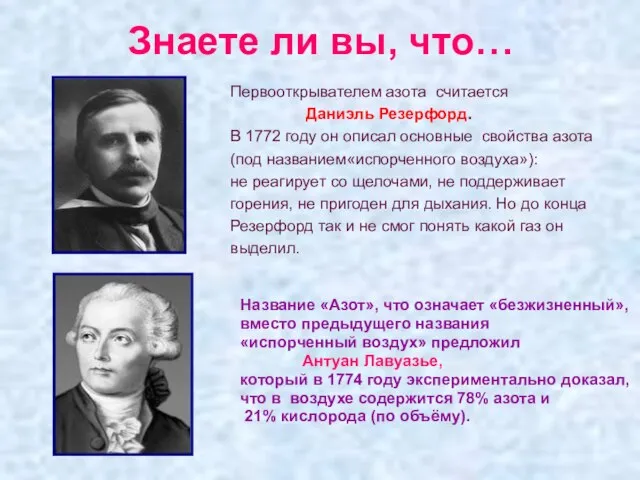 Знаете ли вы, что… Первооткрывателем азота считается Даниэль Резерфорд. В 1772 году