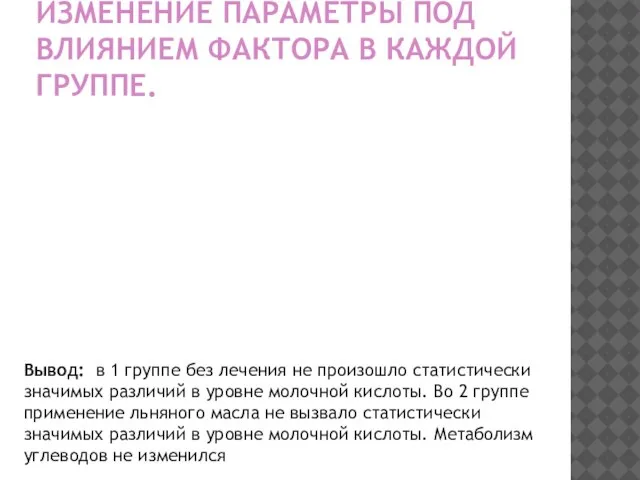 ИЗМЕНЕНИЕ ПАРАМЕТРЫ ПОД ВЛИЯНИЕМ ФАКТОРА В КАЖДОЙ ГРУППЕ. Вывод: в 1 группе