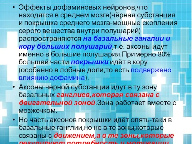 Эффекты дофаминовых нейронов,что находятся в среднем мозге(чёрная субстанция и покрышка среднего мозга-мощные