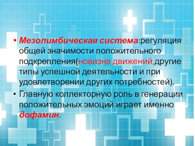 Мезолимбическая система:регуляция общей значимости положительного подкрепления(новизна движений,другие типы успешной деятельности и при